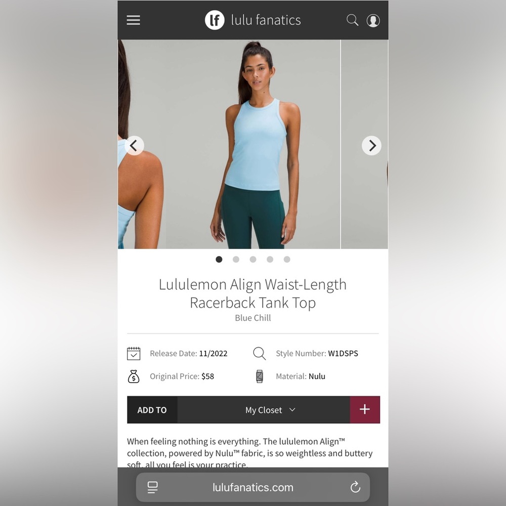 NWT Lululemon Align Waist-Length Racerback Tank Top
Blue Chill